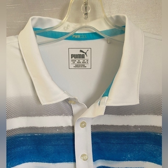Puma Polo  Golf Shirt Dry Cell White with Blue Stripes Mens Lg - Picture 3 of 13